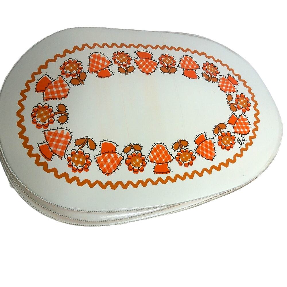 Vintage 70s Orange Mushroom Placemats Retro Floral Oval Table Mats Set of 4 - Picture 2 of 9